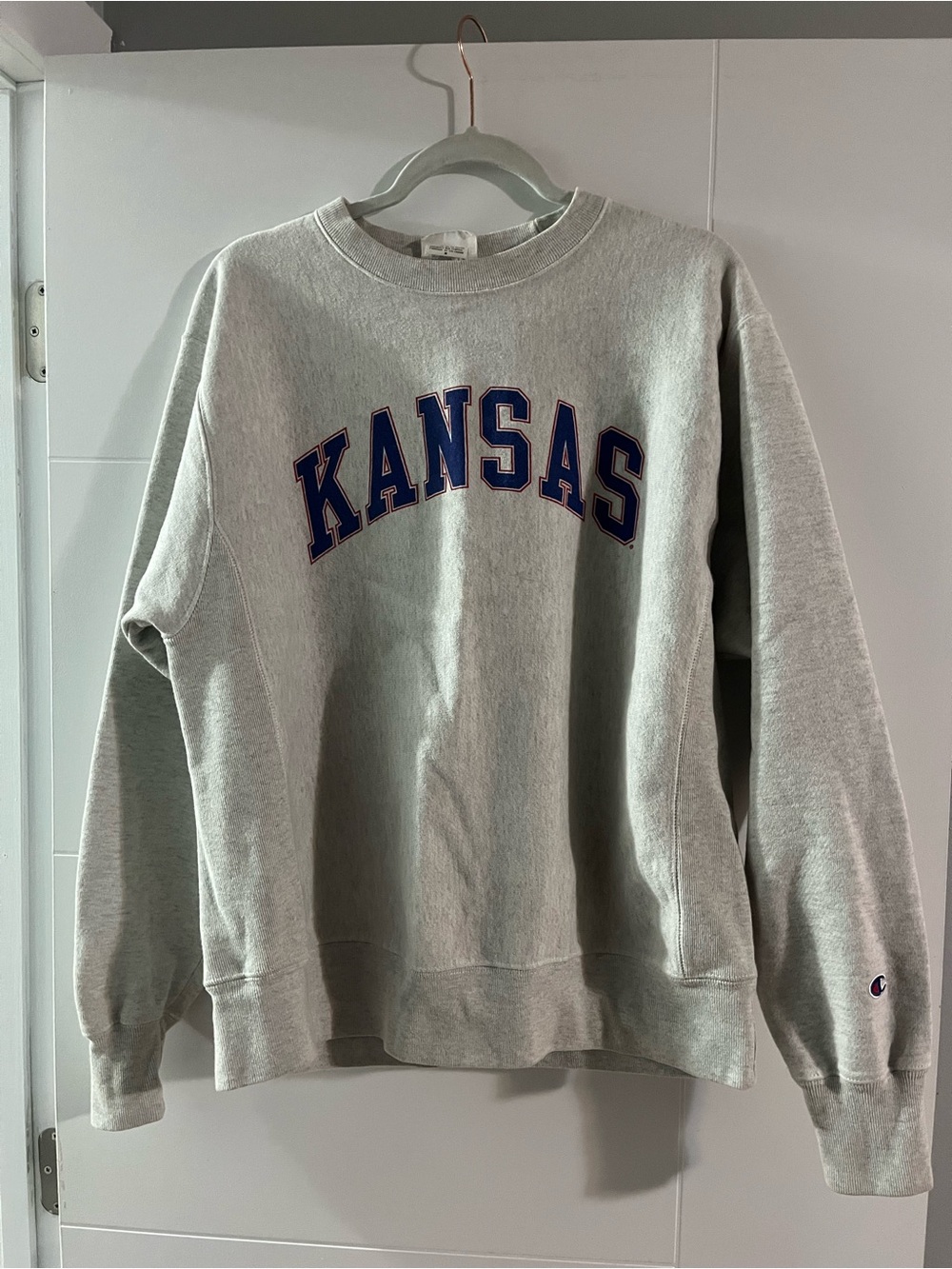 Champion Light Gray Crewneck Sweatshirt with Blue Logo Tag